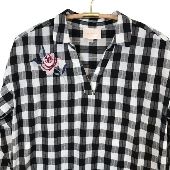 Skies Are Blue Black and White Check Embroidered Blouse Size Large - Picture 2 of 12